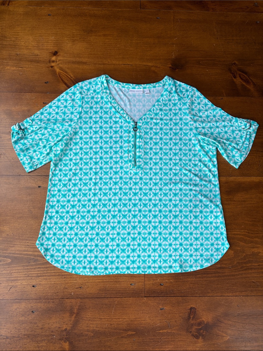 Susan Graver Teal Green V-Neck Short Sleeve Top Sz XL